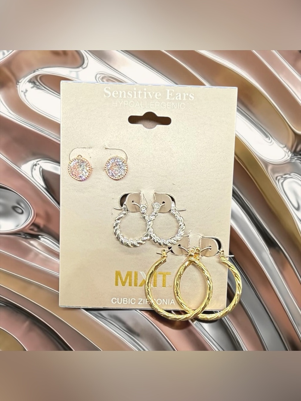 🩷🩶💛MIXIT🩷🩶💛Gold & Silver-Tone Hoop & Rose Gold-Tone CZ Stud Earring Set/NWT